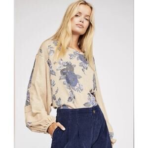 Free People Flower Patch Tan Balloon Sleeve waffle-knit thermal top Size Xs